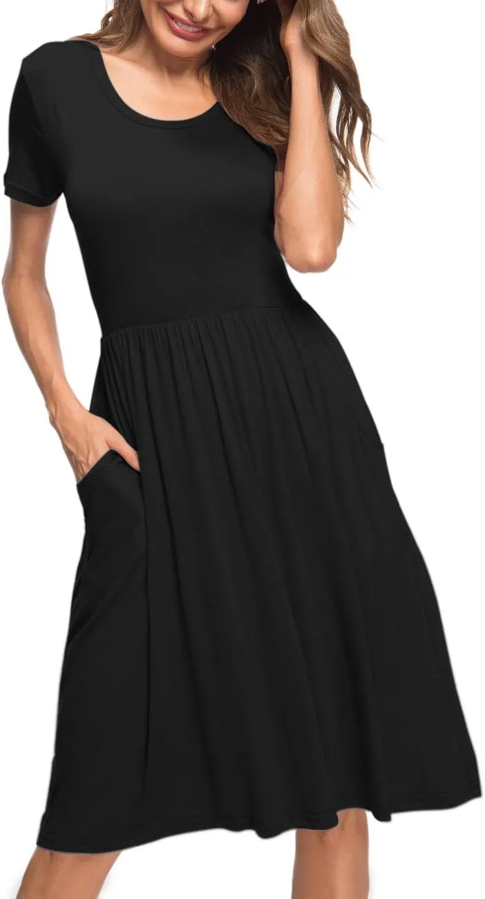 AUSELILY Women's Short Sleeve Empire Waist Dress Pleated Loose Swing Knee Length Dresses with Pockets 2025 New