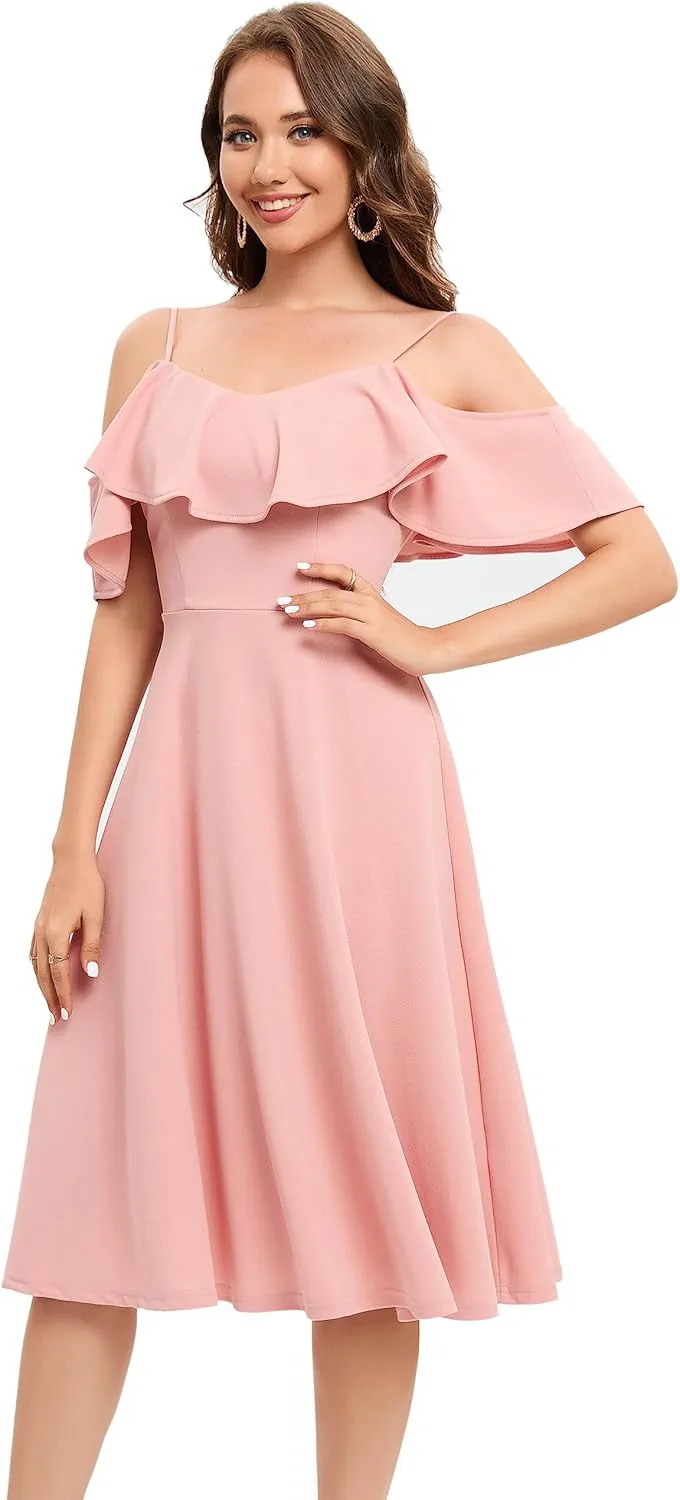 Bbonlinedress Womens Off Shoulder Summer Wedding Guest Dress Formal Cocktail Prom Graduation Homecoming A-line Midi Dress
