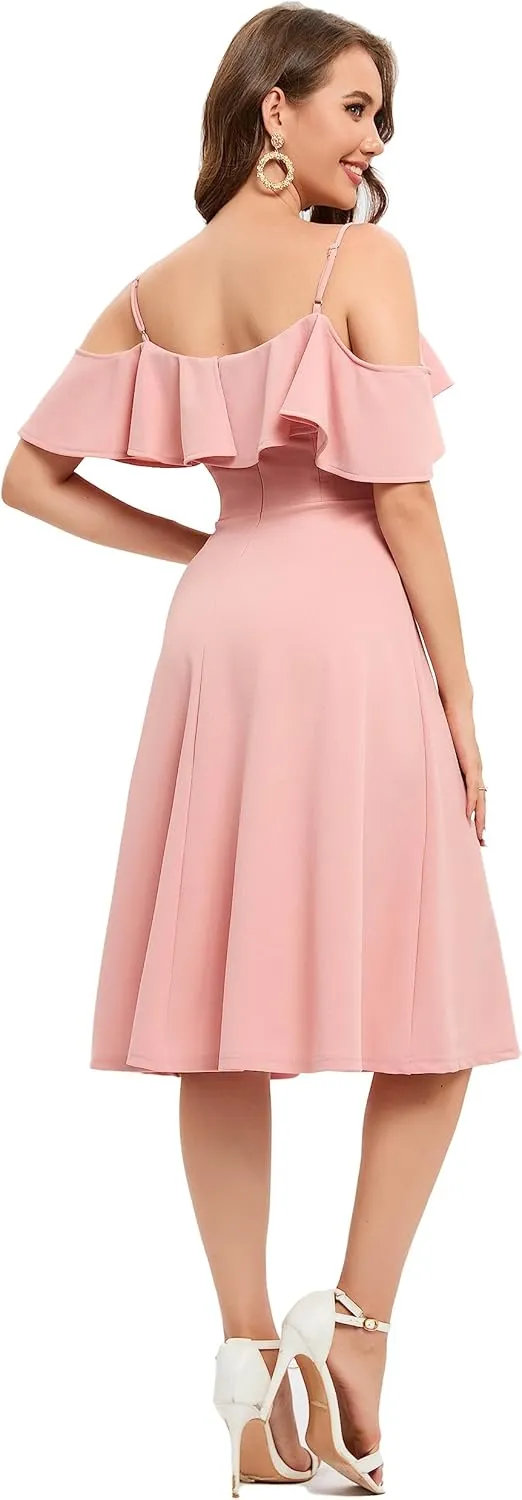 Bbonlinedress Womens Off Shoulder Summer Wedding Guest Dress Formal Cocktail Prom Graduation Homecoming A-line Midi Dress