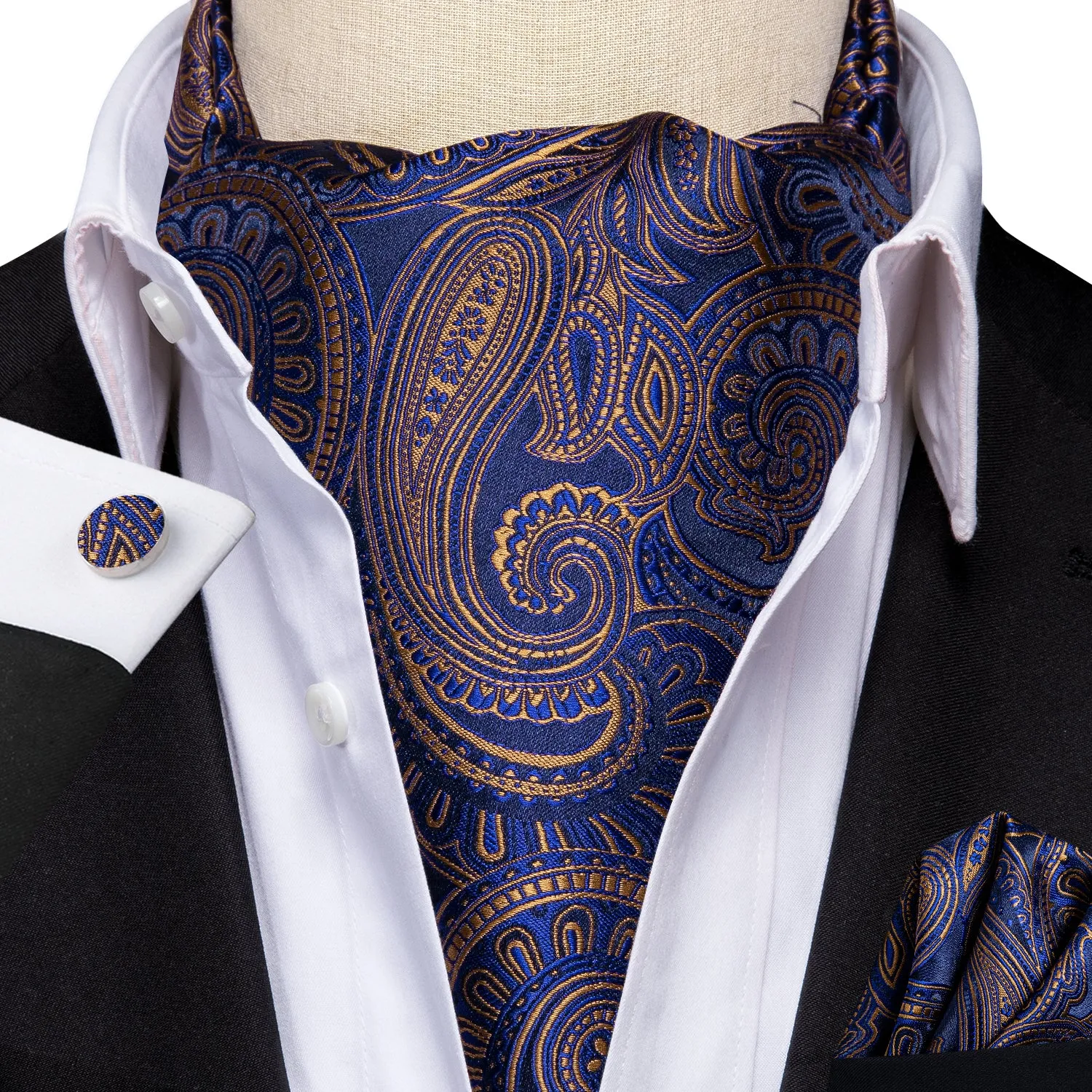 Blue Golden Paisley Ascot Pocket Square Cufflinks Set