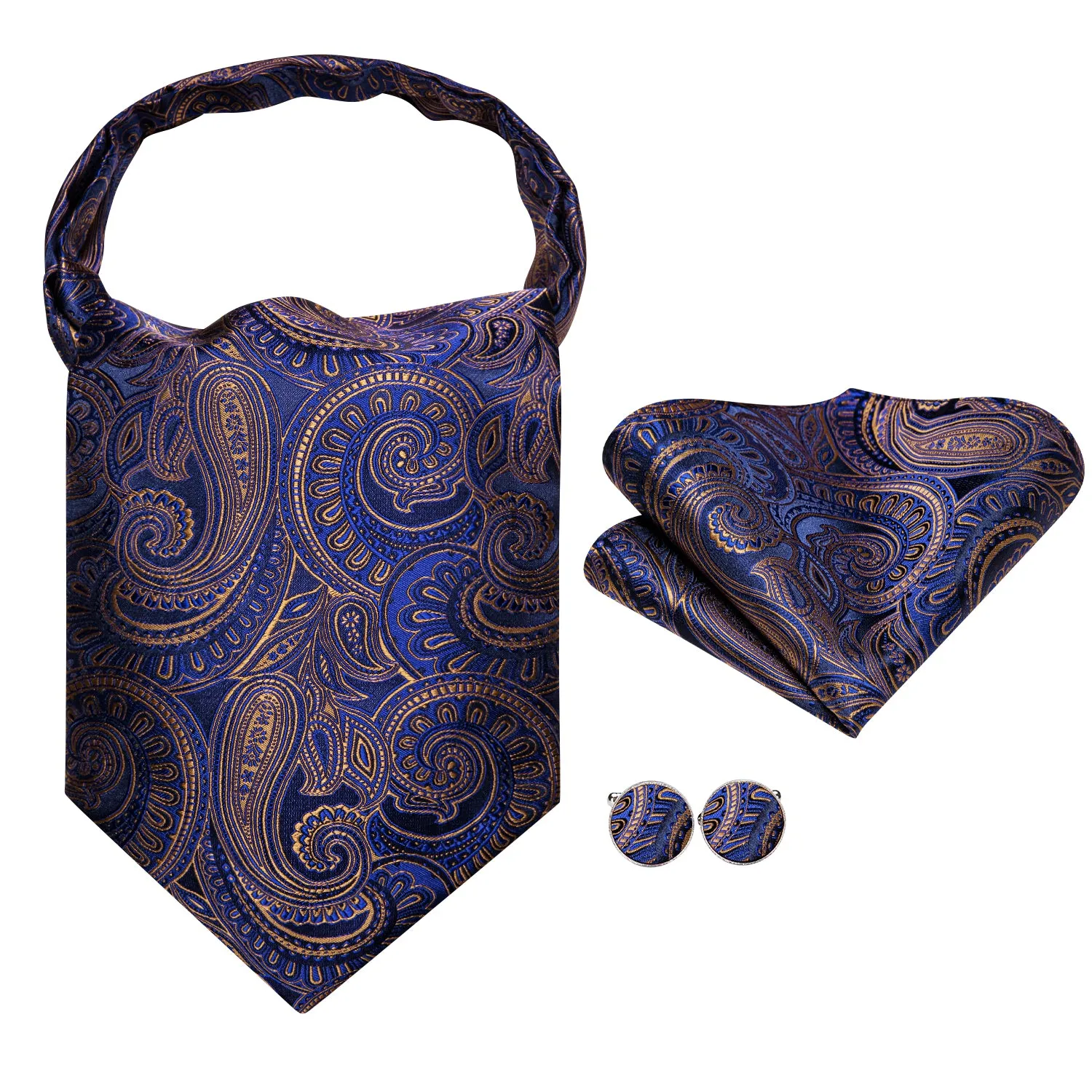 Blue Golden Paisley Ascot Pocket Square Cufflinks Set