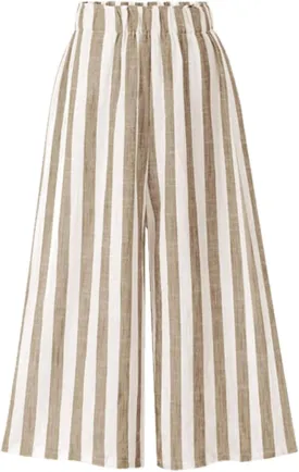 CHARTOU Women's Casual Striped High-Waist Wide-Leg Cotton Lightweight Palazzo Capri Culotte Pants