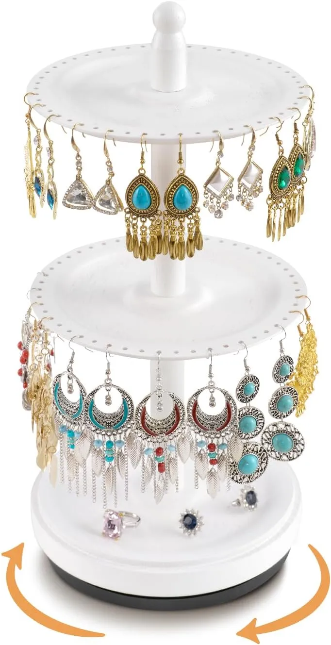 Earring Holder Organizer, Rotating Solid Wood Earring Organizer Stand for Women Girls, 3-Tier Jewelry Holder Tree With 102 Holes for Display, Gifts for Her (White)