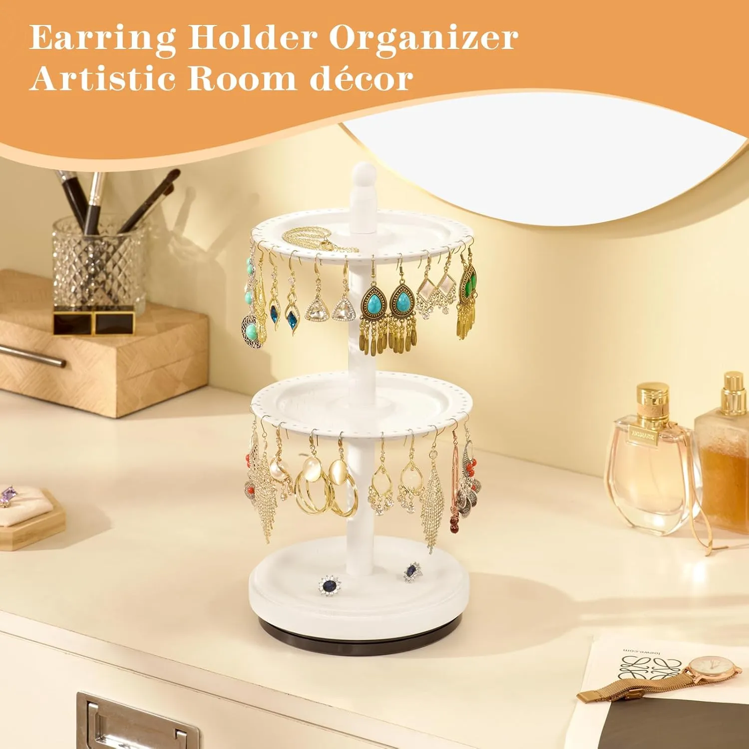Earring Holder Organizer, Rotating Solid Wood Earring Organizer Stand for Women Girls, 3-Tier Jewelry Holder Tree With 102 Holes for Display, Gifts for Her (White)