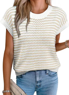EVALESS Women's Sweater Vest Striped Pullover Tank Top Round Neck Cap Sleeve Lightweight 2025 Summer Casual Clothes