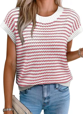 EVALESS Women's Sweater Vest Striped Pullover Tank Top Round Neck Cap Sleeve Lightweight 2025 Summer Casual Clothes