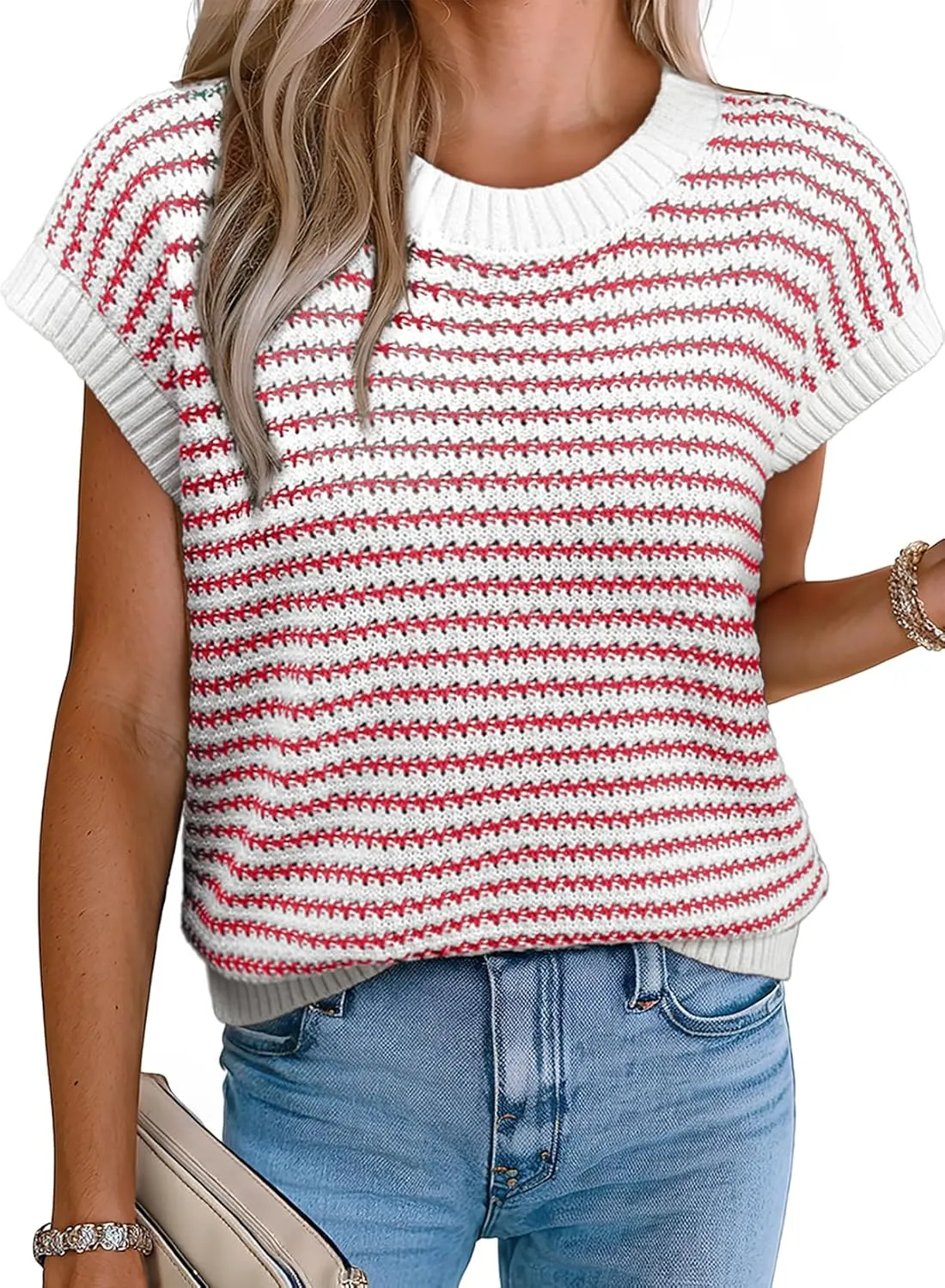 EVALESS Women's Sweater Vest Striped Pullover Tank Top Round Neck Cap Sleeve Lightweight 2025 Summer Casual Clothes