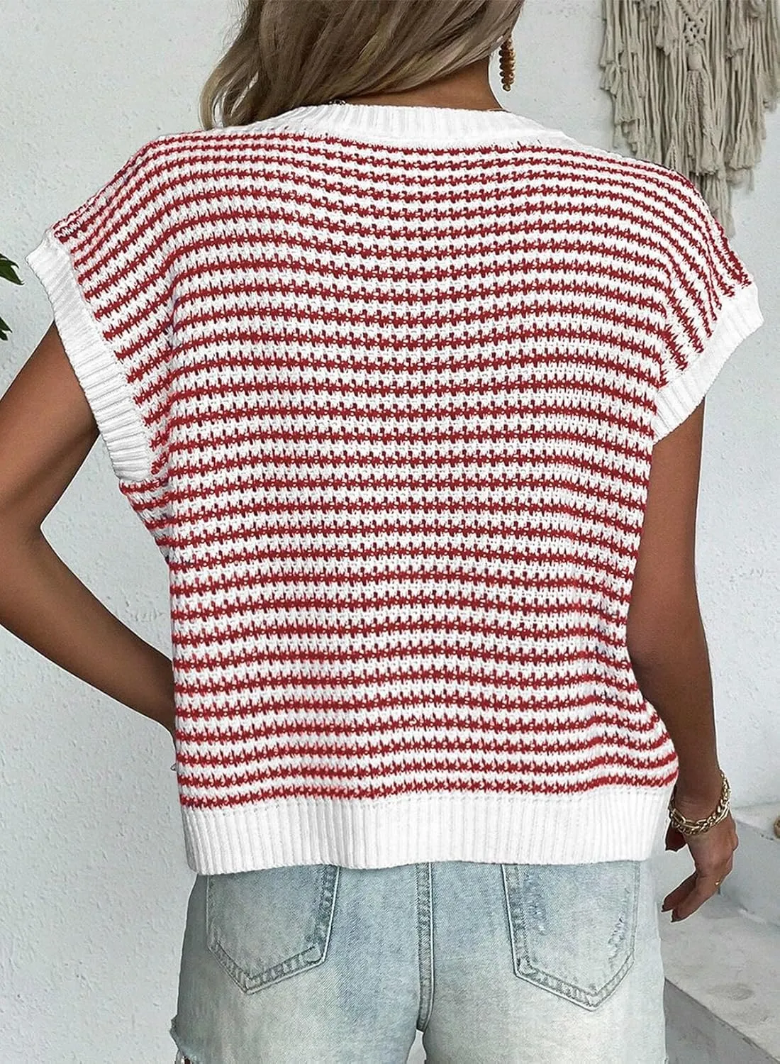 EVALESS Women's Sweater Vest Striped Pullover Tank Top Round Neck Cap Sleeve Lightweight 2025 Summer Casual Clothes