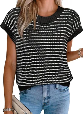 EVALESS Women's Sweater Vest Striped Pullover Tank Top Round Neck Cap Sleeve Lightweight 2025 Summer Casual Clothes