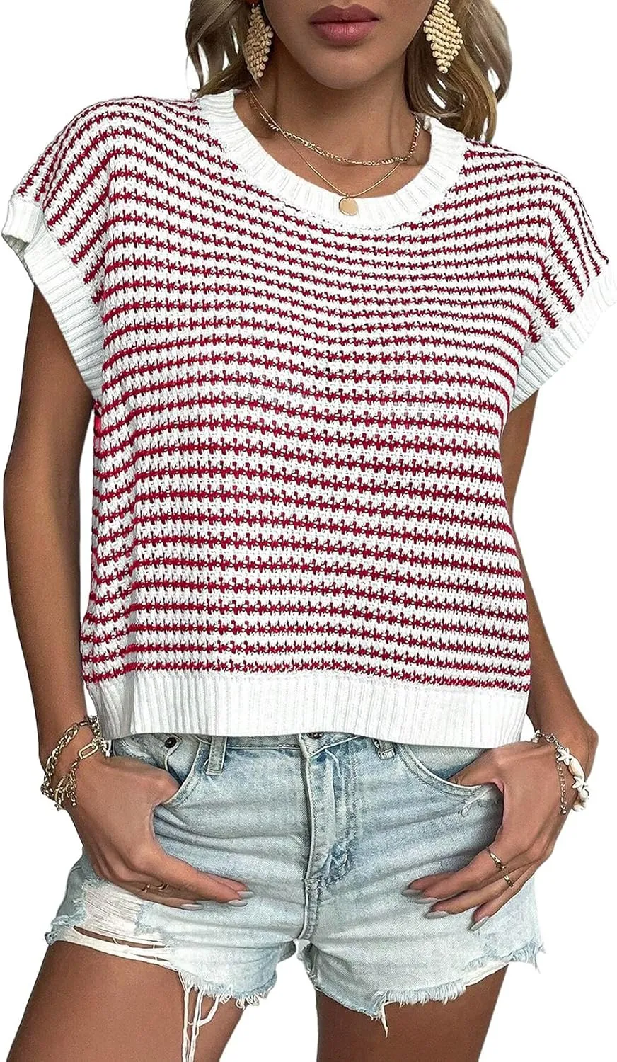 EVALESS Women's Sweater Vest Striped Pullover Tank Top Round Neck Cap Sleeve Lightweight 2025 Summer Casual Clothes