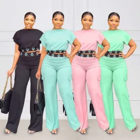 Exposed Navel Short-sleeved Top and Pants Set