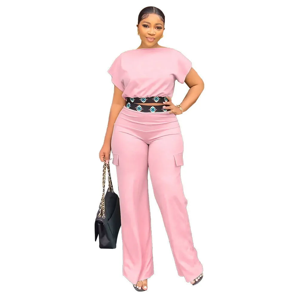 Exposed Navel Short-sleeved Top and Pants Set