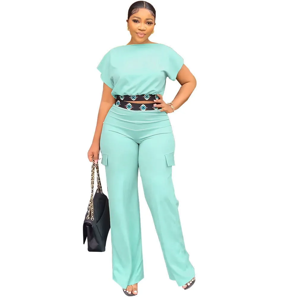 Exposed Navel Short-sleeved Top and Pants Set