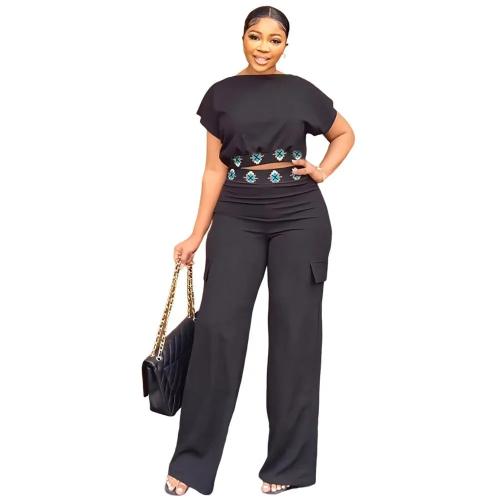 Exposed Navel Short-sleeved Top and Pants Set