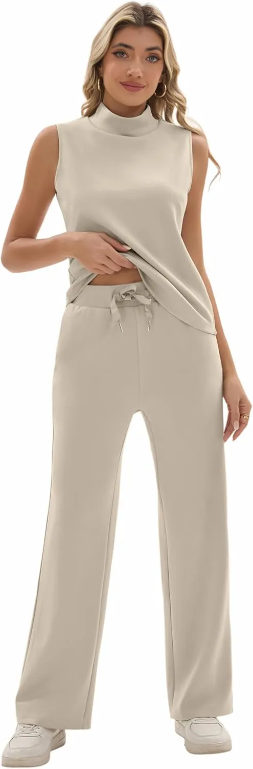 FUNYYZO Women's 2 Piece Outfits Lounge Sets Casual Sleeveless Summer V-Neck Dressy Collared Tracksuit Lounge