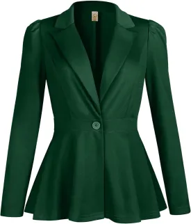 Genhoo Women's Business Casual Blazer Jackets Dressy Puff Sleeve Single Button Peplum Comfy Work Office Blazers