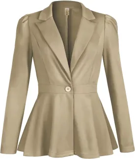 Genhoo Women's Business Casual Blazer Jackets Dressy Puff Sleeve Single Button Peplum Comfy Work Office Blazers