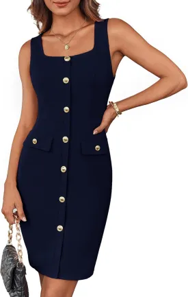 GRACE KARIN 2025 Women's Buttons Belted Square Neck Business Work Dress Sleeveless Bodycon Midi Dress