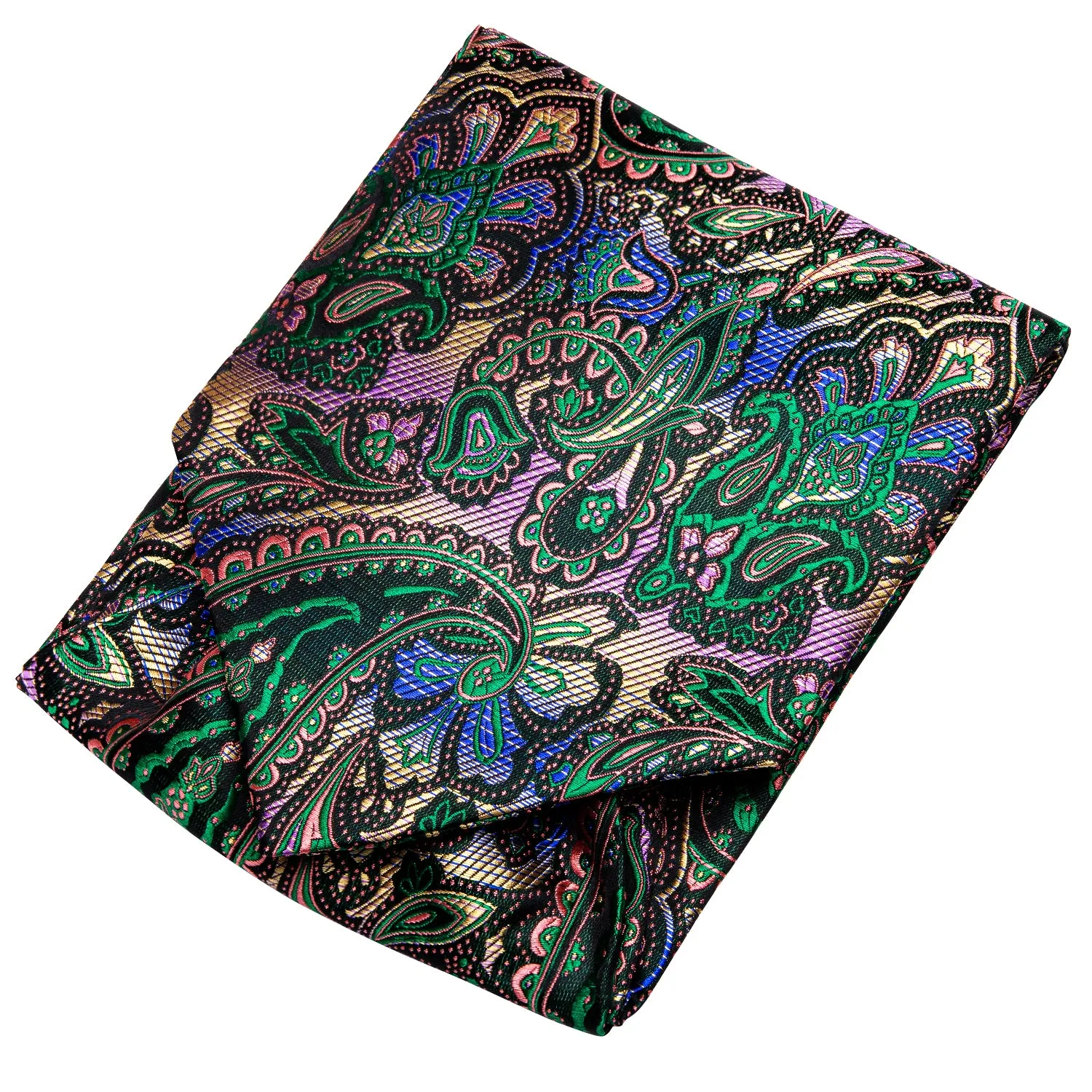 Green Pink Paisley Ascot Pocket Square Cufflinks Set
