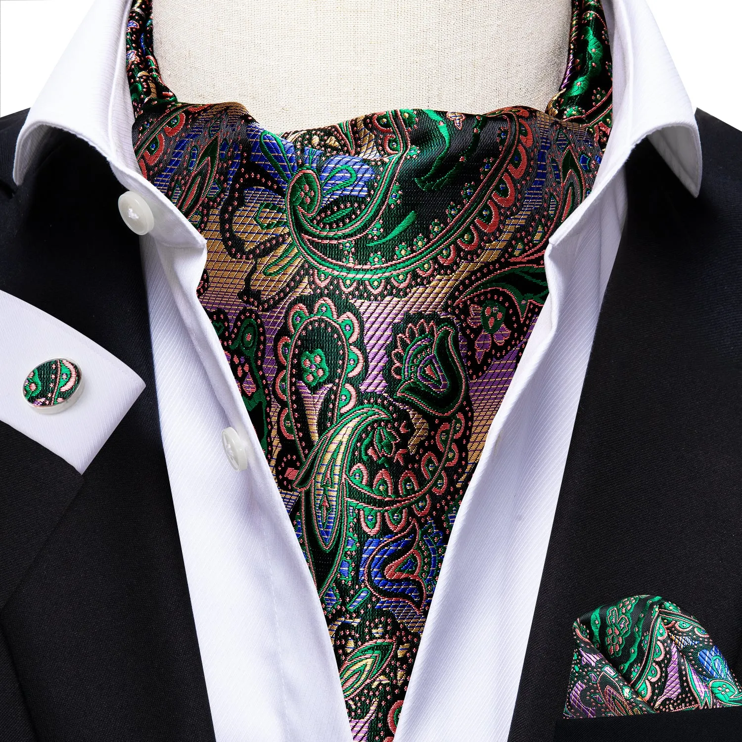 Green Pink Paisley Ascot Pocket Square Cufflinks Set