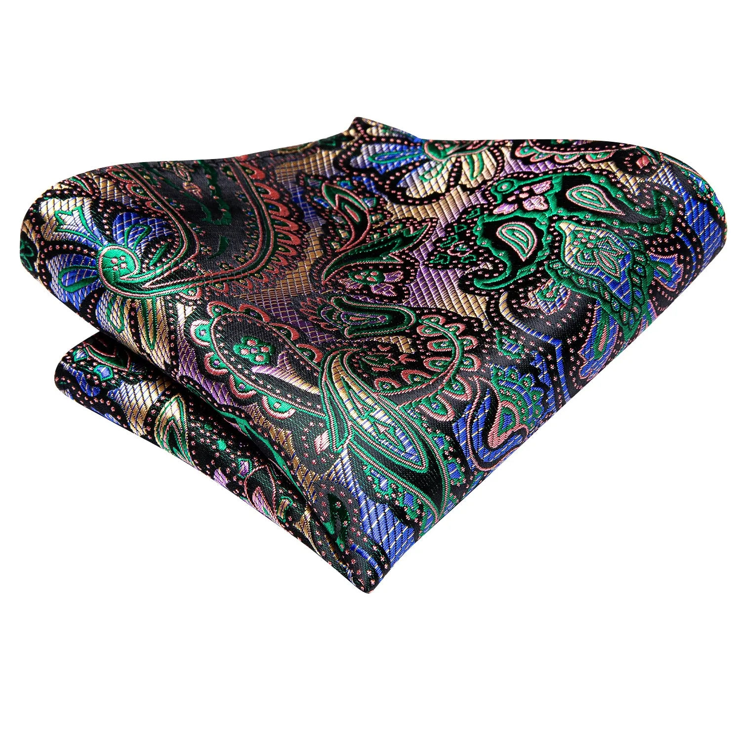 Green Pink Paisley Ascot Pocket Square Cufflinks Set