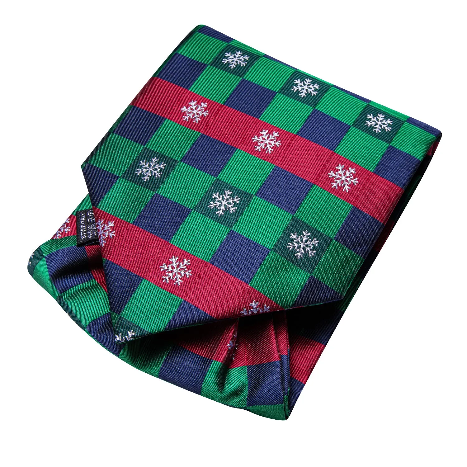 Green Red Plaid Christmas Snowflakes Ascot Pocket Square Cufflinks Set