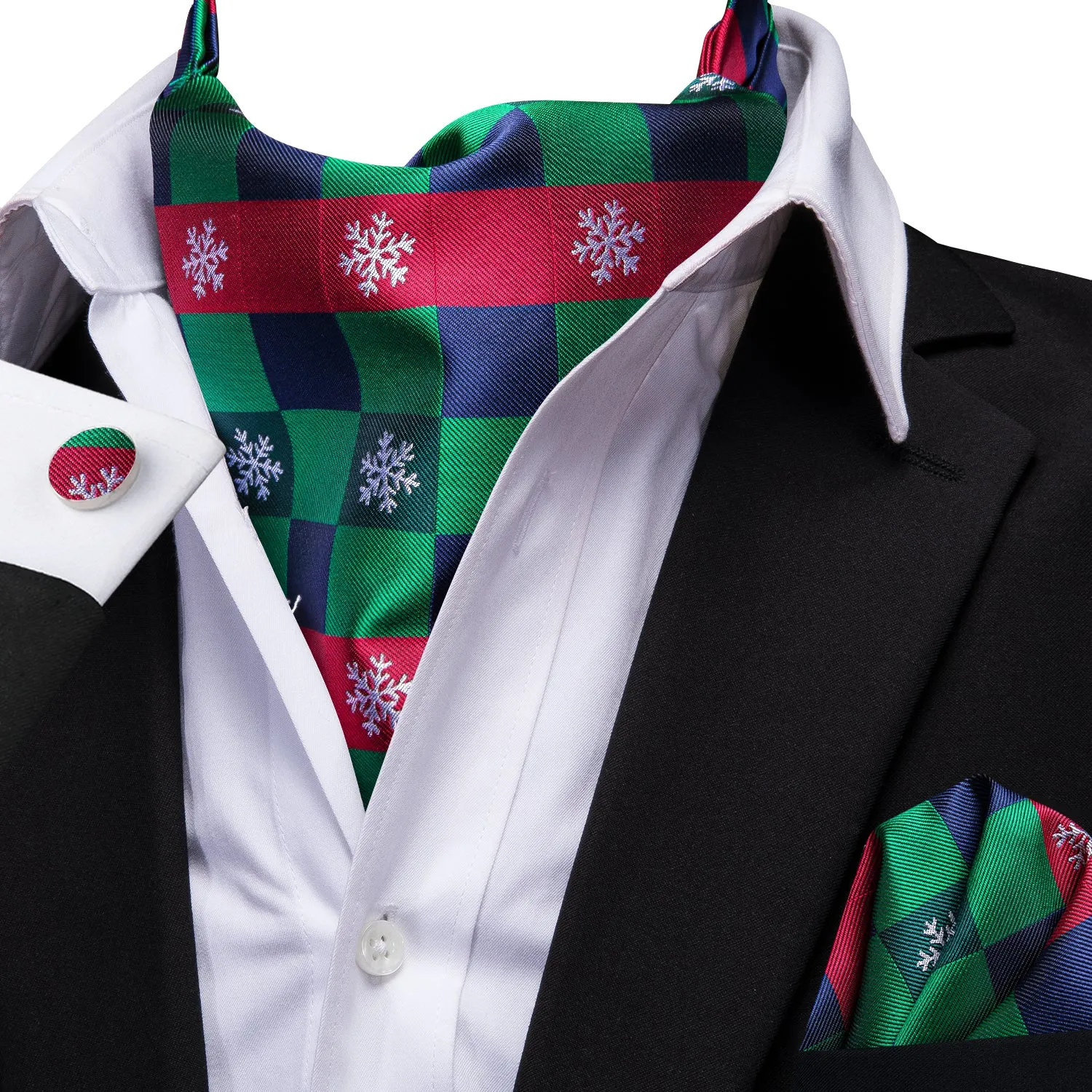 Green Red Plaid Christmas Snowflakes Ascot Pocket Square Cufflinks Set