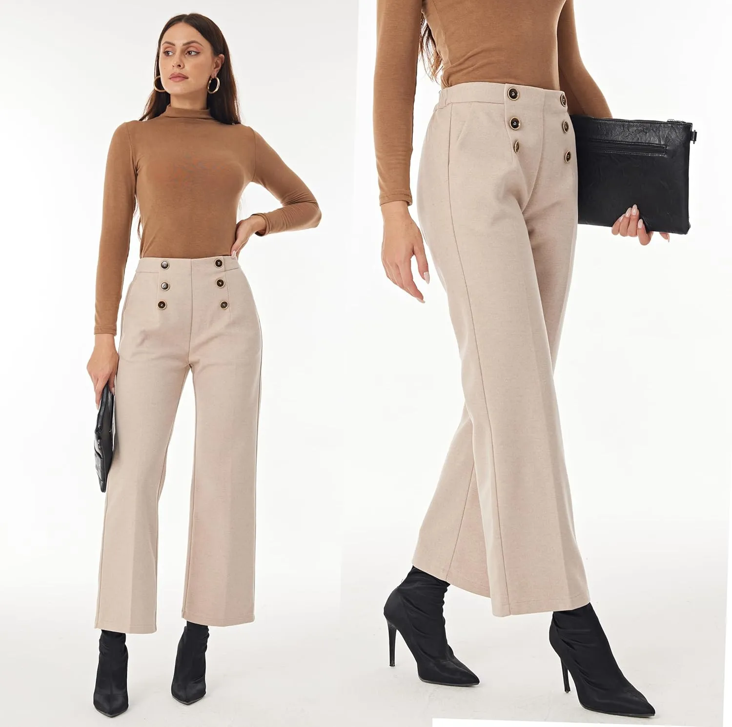 heipeiwa Women's Wool Blend Winter Fall Wide Leg Pull on High Waist Dress Business Casual Pants