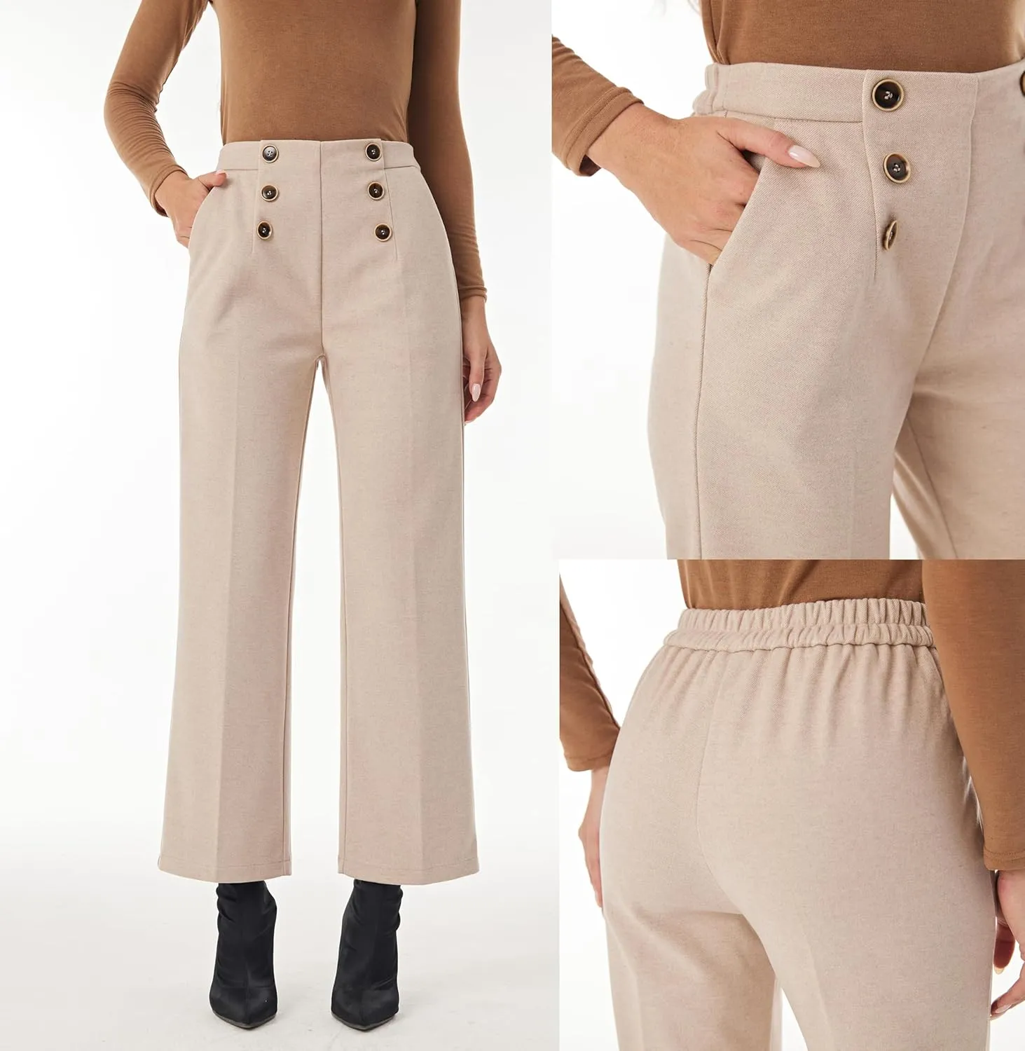 heipeiwa Women's Wool Blend Winter Fall Wide Leg Pull on High Waist Dress Business Casual Pants