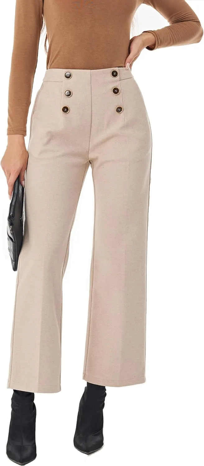 heipeiwa Women's Wool Blend Winter Fall Wide Leg Pull on High Waist Dress Business Casual Pants