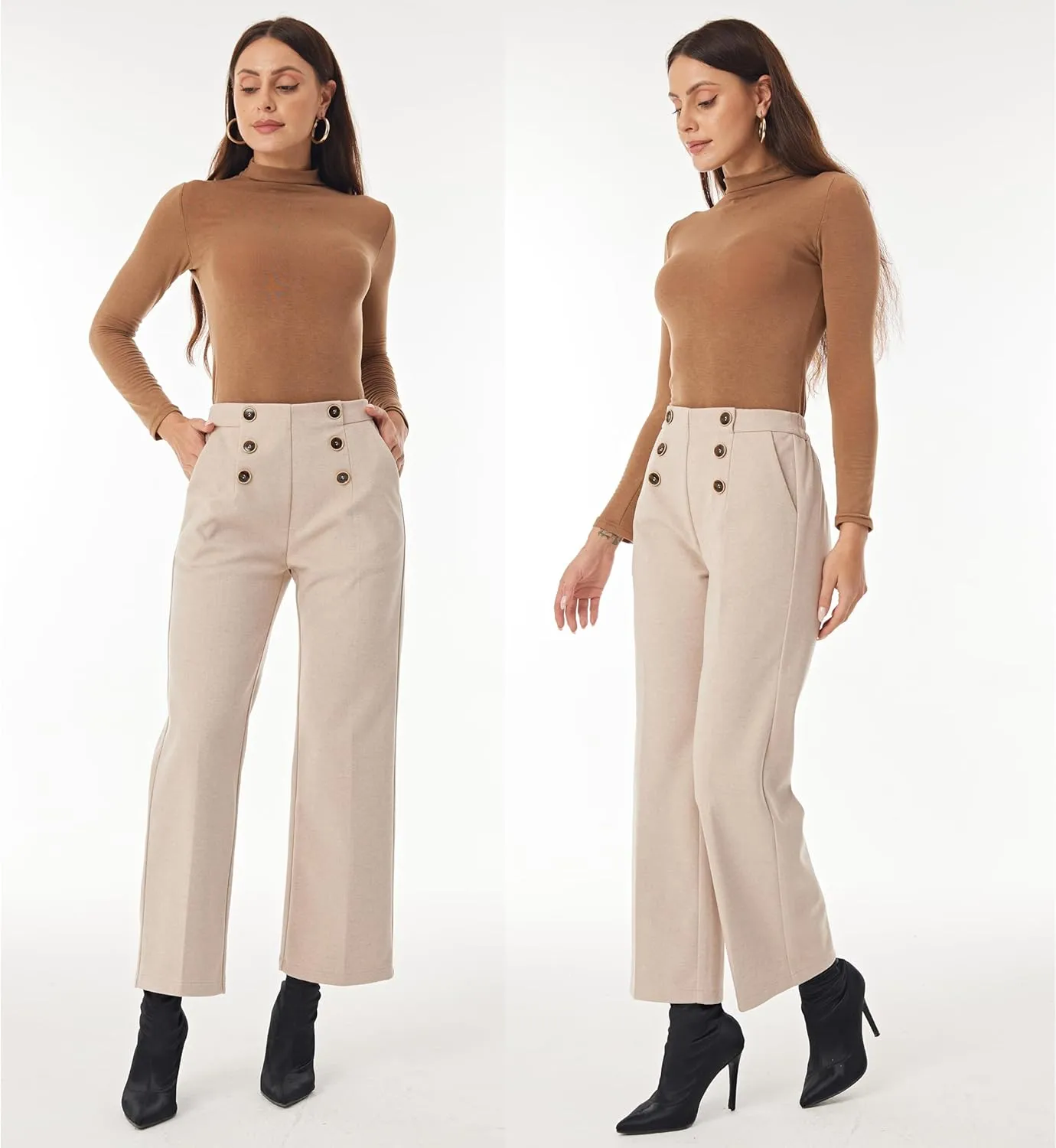 heipeiwa Women's Wool Blend Winter Fall Wide Leg Pull on High Waist Dress Business Casual Pants