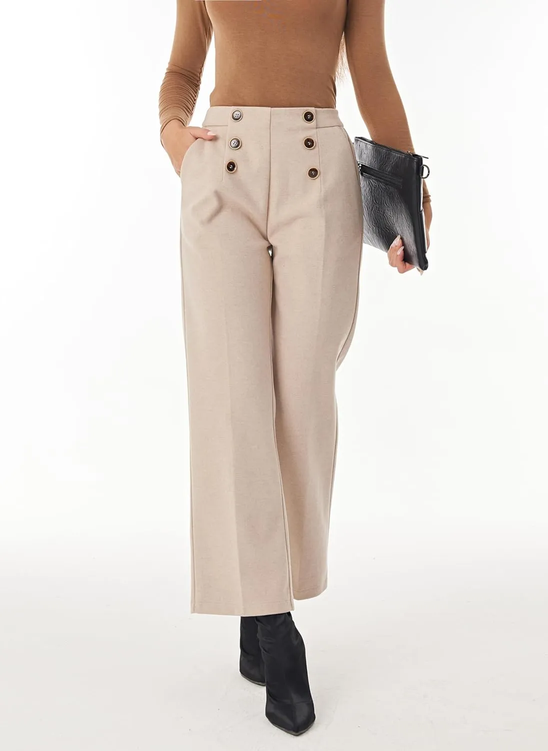 heipeiwa Women's Wool Blend Winter Fall Wide Leg Pull on High Waist Dress Business Casual Pants
