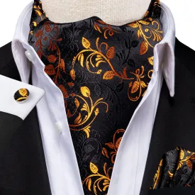 Hi-Tie Black Golden Leaves Silk Ascot Pocket Square Cufflinks Set