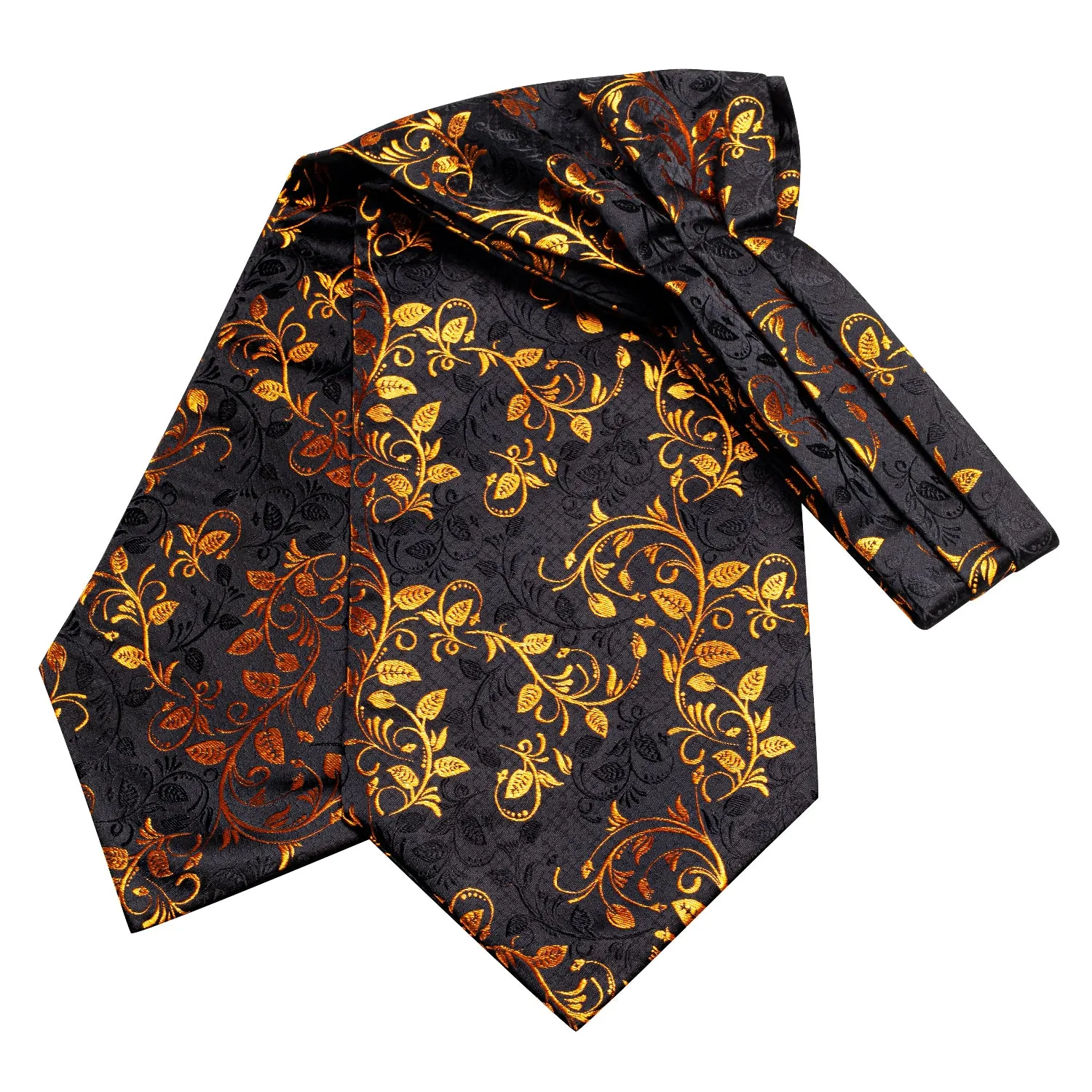 Hi-Tie Black Golden Leaves Silk Ascot Pocket Square Cufflinks Set