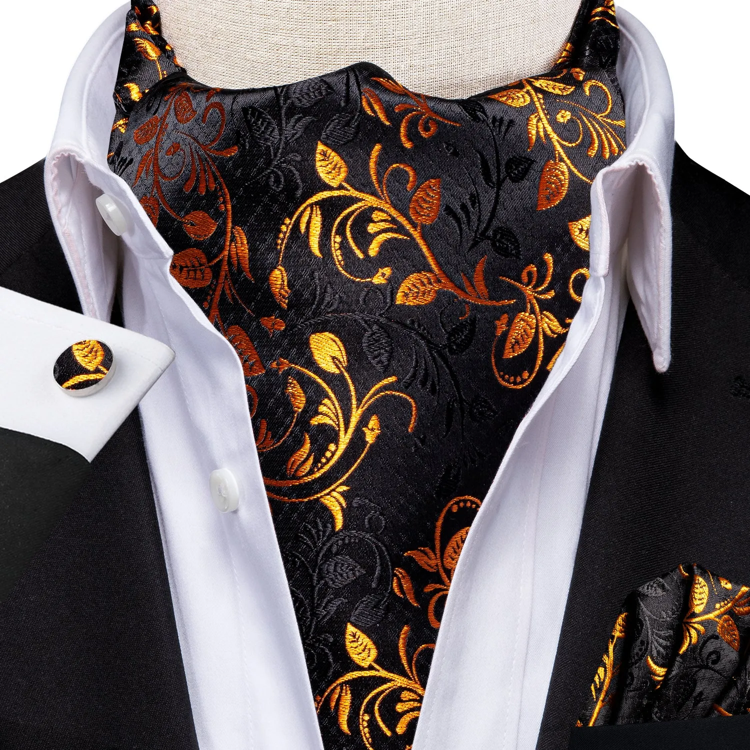 Hi-Tie Black Golden Leaves Silk Ascot Pocket Square Cufflinks Set