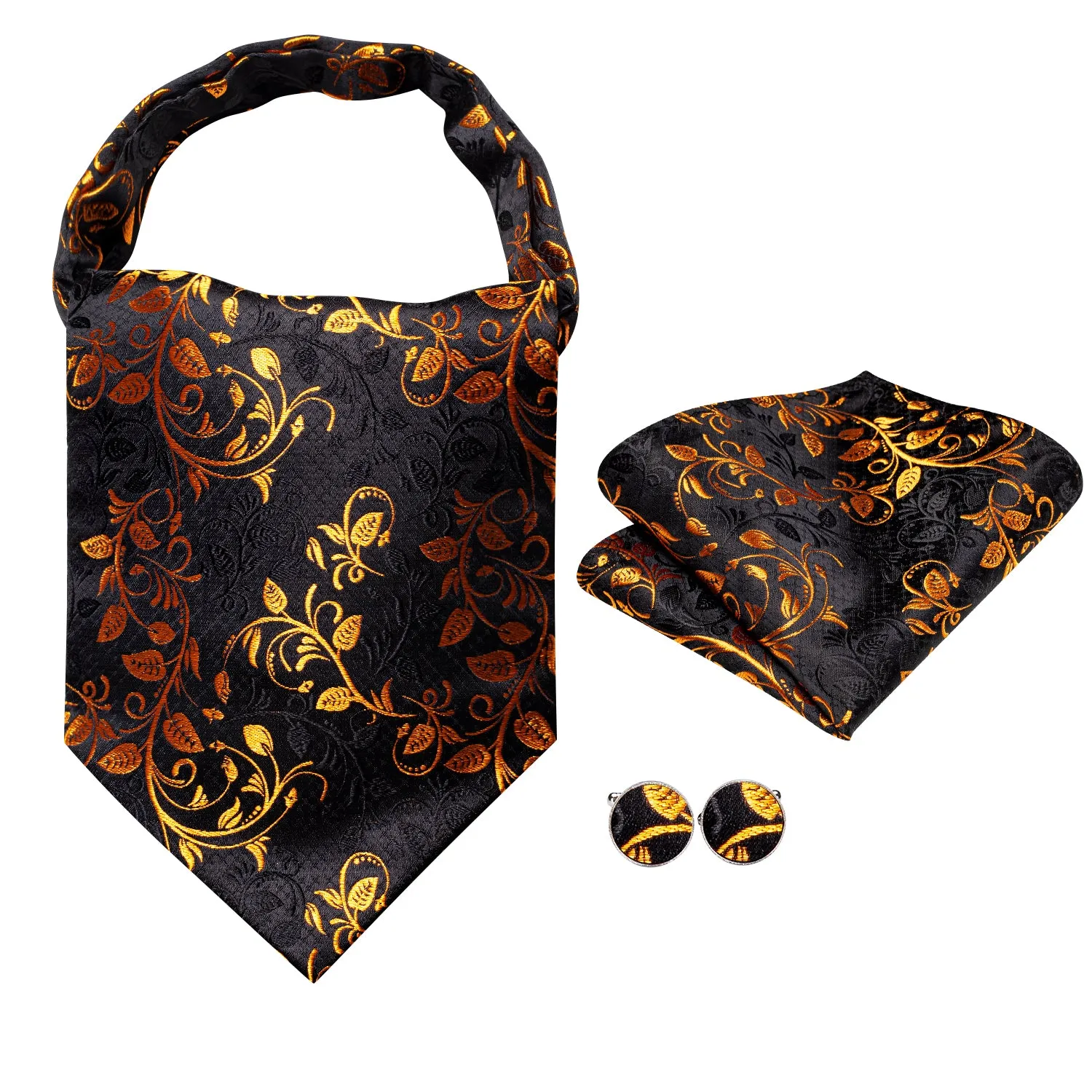 Hi-Tie Black Golden Leaves Silk Ascot Pocket Square Cufflinks Set