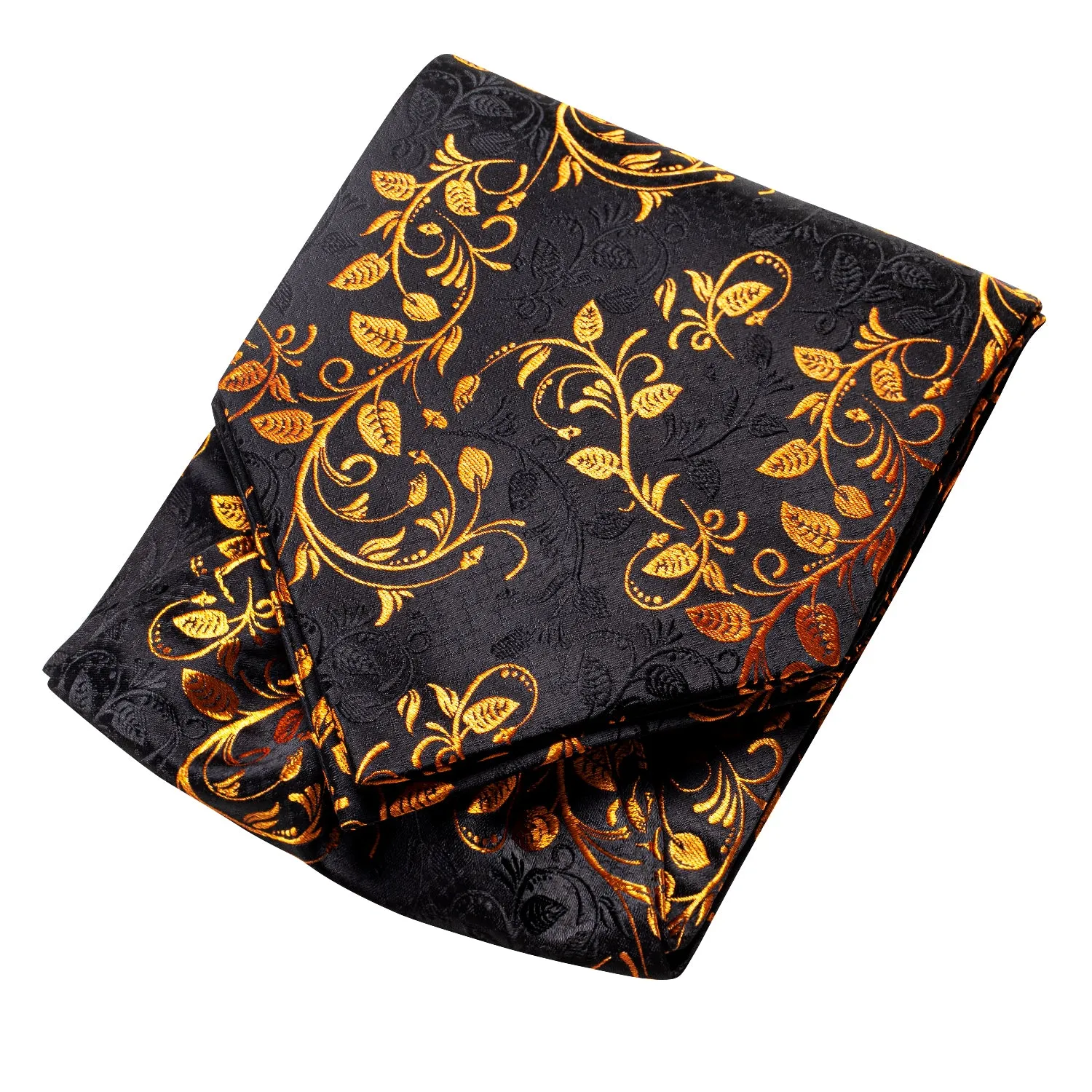 Hi-Tie Black Golden Leaves Silk Ascot Pocket Square Cufflinks Set