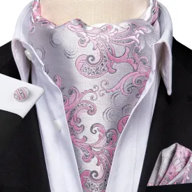 Hi-Tie Silver Pink Paisley Men's Ascot Tie Pocket Square Cufflinks Set
