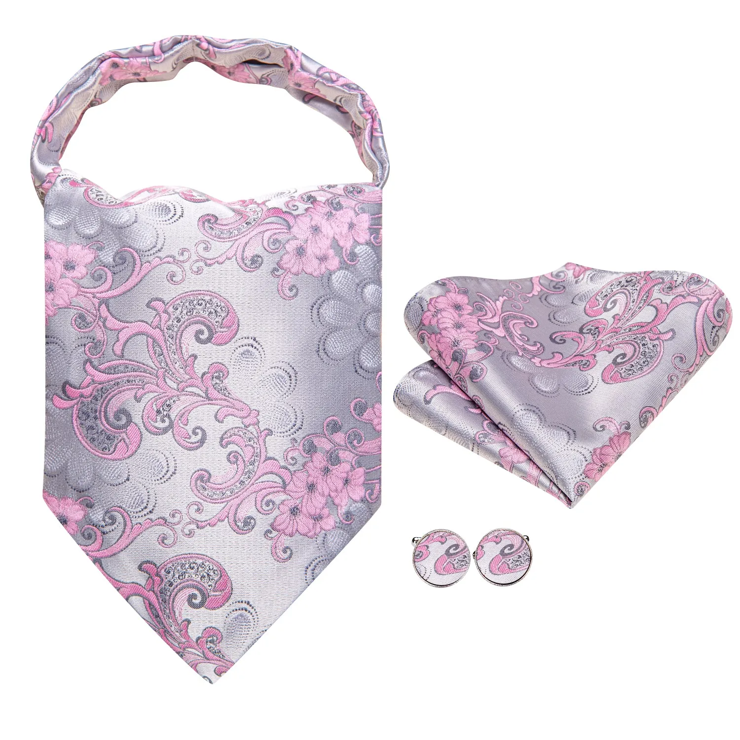 Hi-Tie Silver Pink Paisley Men's Ascot Tie Pocket Square Cufflinks Set