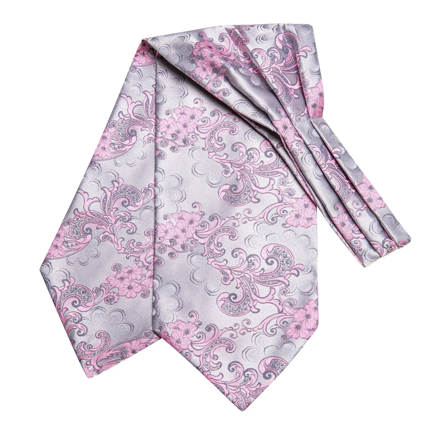 Hi-Tie Silver Pink Paisley Men's Ascot Tie Pocket Square Cufflinks Set