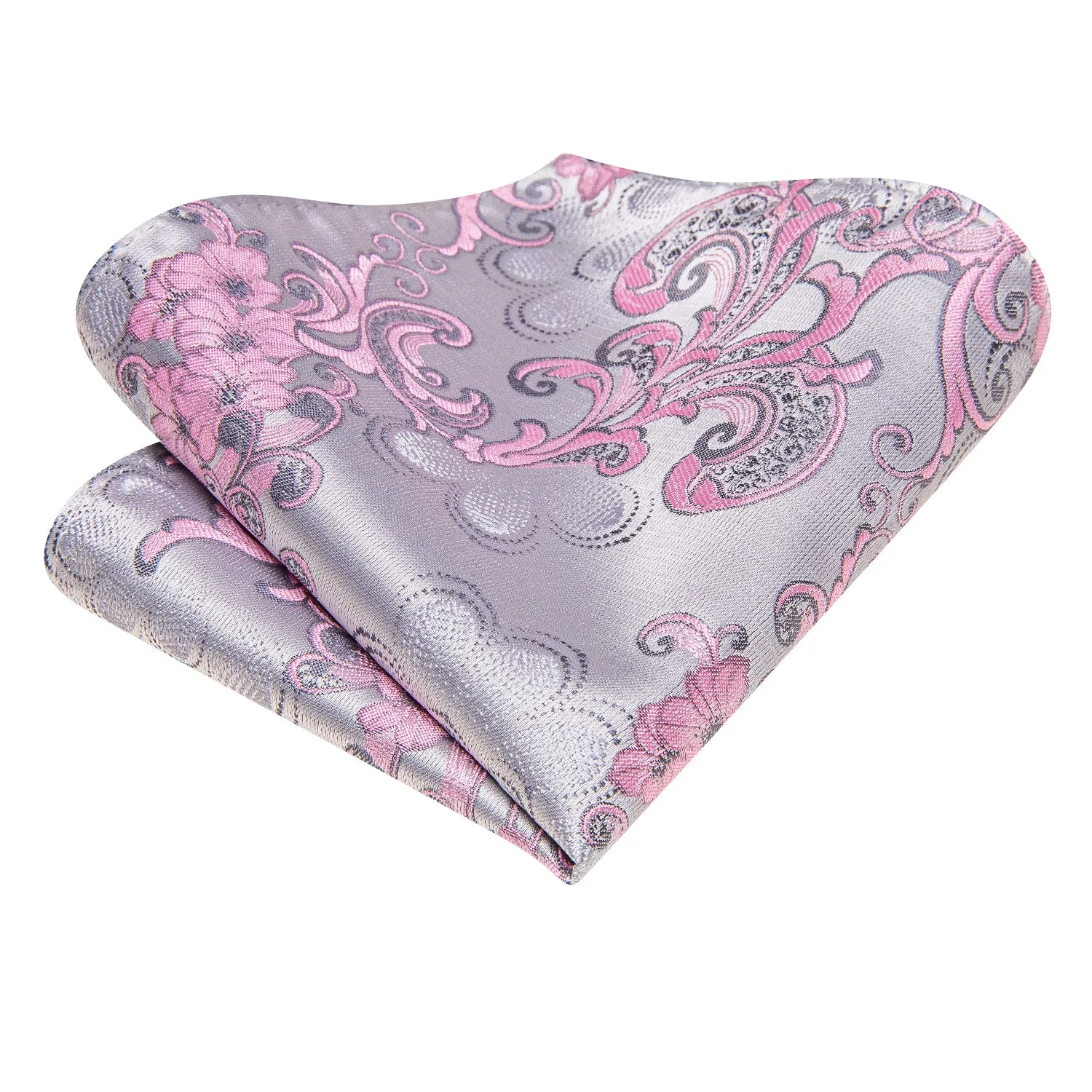 Hi-Tie Silver Pink Paisley Men's Ascot Tie Pocket Square Cufflinks Set