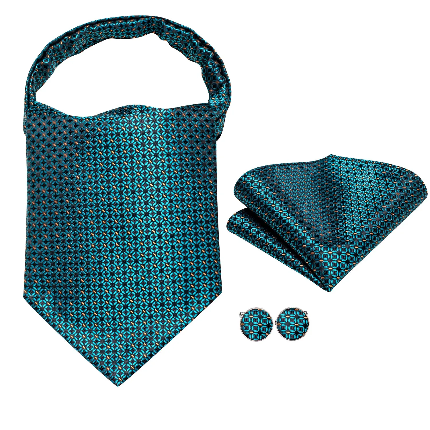 Hi-Tie Teal Ascot Tie Orange Dot Pattern Pocket Square Cufflinks Set