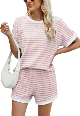 iChunhua Womens Striped Knit Sets 2 Piece Outfits 2025 Summer Crew Neck Short Sleeve Tops Shorts Lounge Sets with Pockets