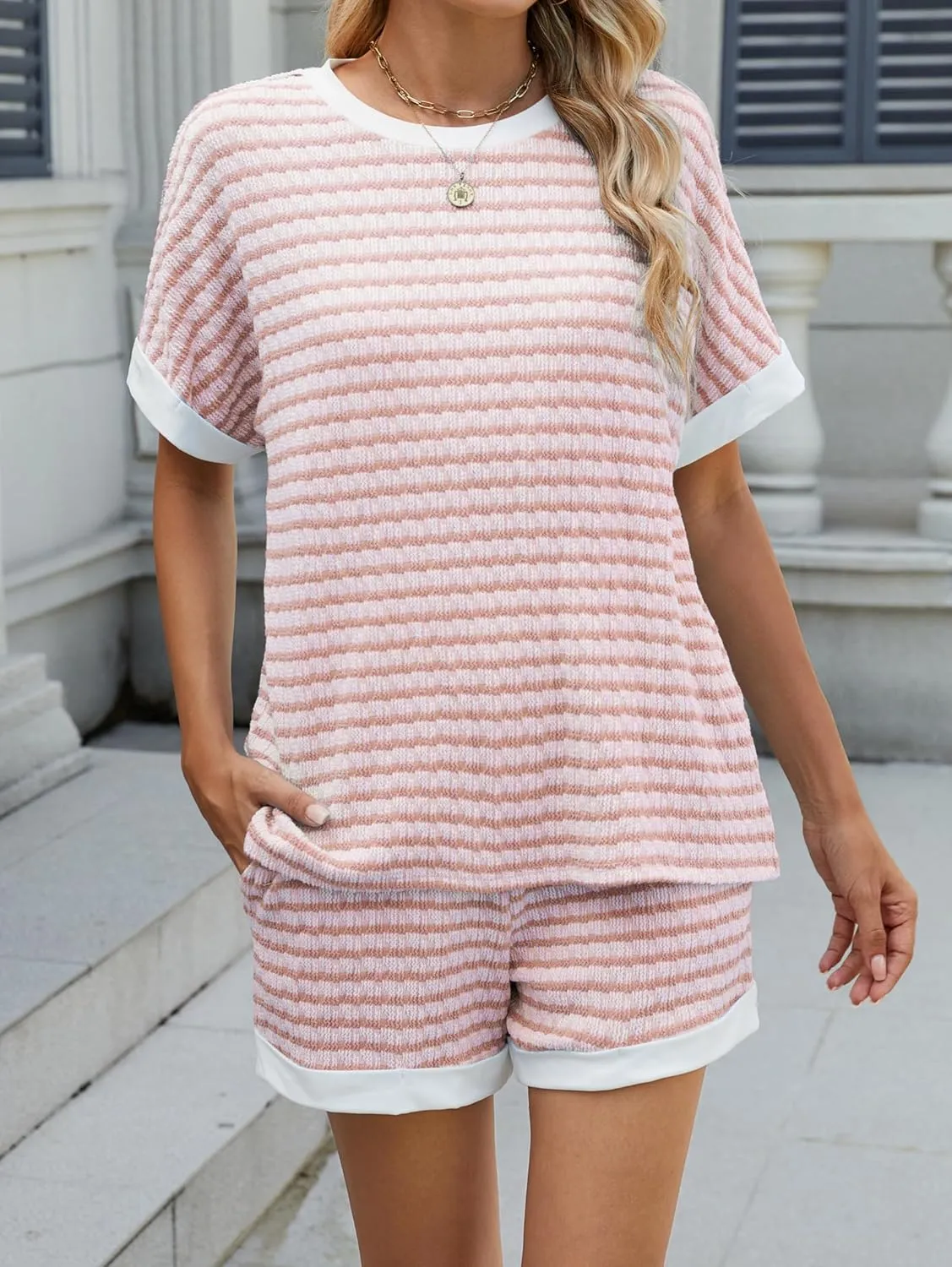 iChunhua Womens Striped Knit Sets 2 Piece Outfits 2025 Summer Crew Neck Short Sleeve Tops Shorts Lounge Sets with Pockets