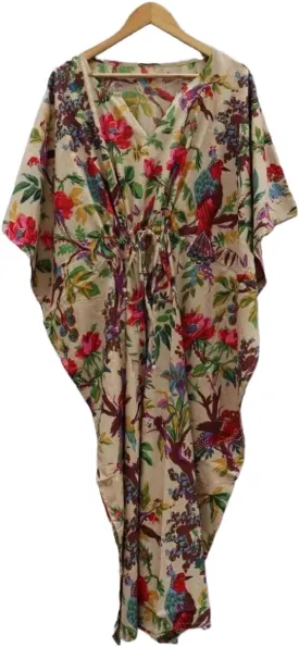 INDACORIFIE Cotton Printed Long Kaftan Women's Party Wear Gown Dress Night Maxi, Indian Kaftan Dress for Moms Multi