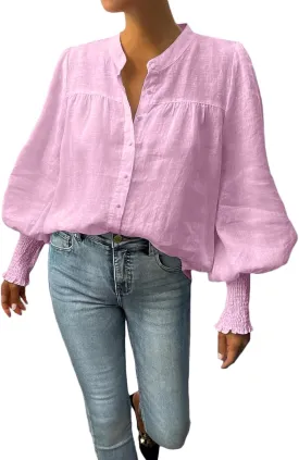 Lesore Womens Casual Button Down Crewneck Puff Long Sleeve Smocked Cuffs Shirt Blouses Tops