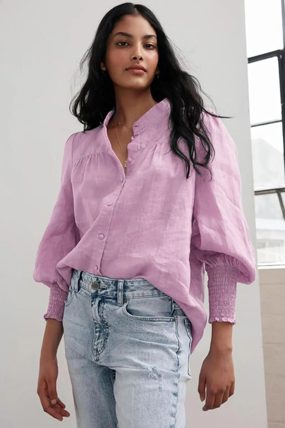 Lesore Womens Casual Button Down Crewneck Puff Long Sleeve Smocked Cuffs Shirt Blouses Tops