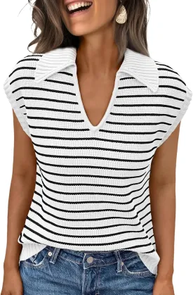 LILLUSORY Women's V Neck Cap Sleeve Sweater Vest Sleeveless Collared Striped Knit Tank Tops 2025 Casual Trendy Outfits