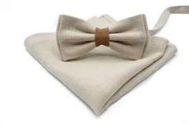 Linen Beige Bow Tie & Optional Pocket Square Set - Rustic Wedding Accessory - Handcrafted Unisex Formal Wear - Gentleman's Linen Attire