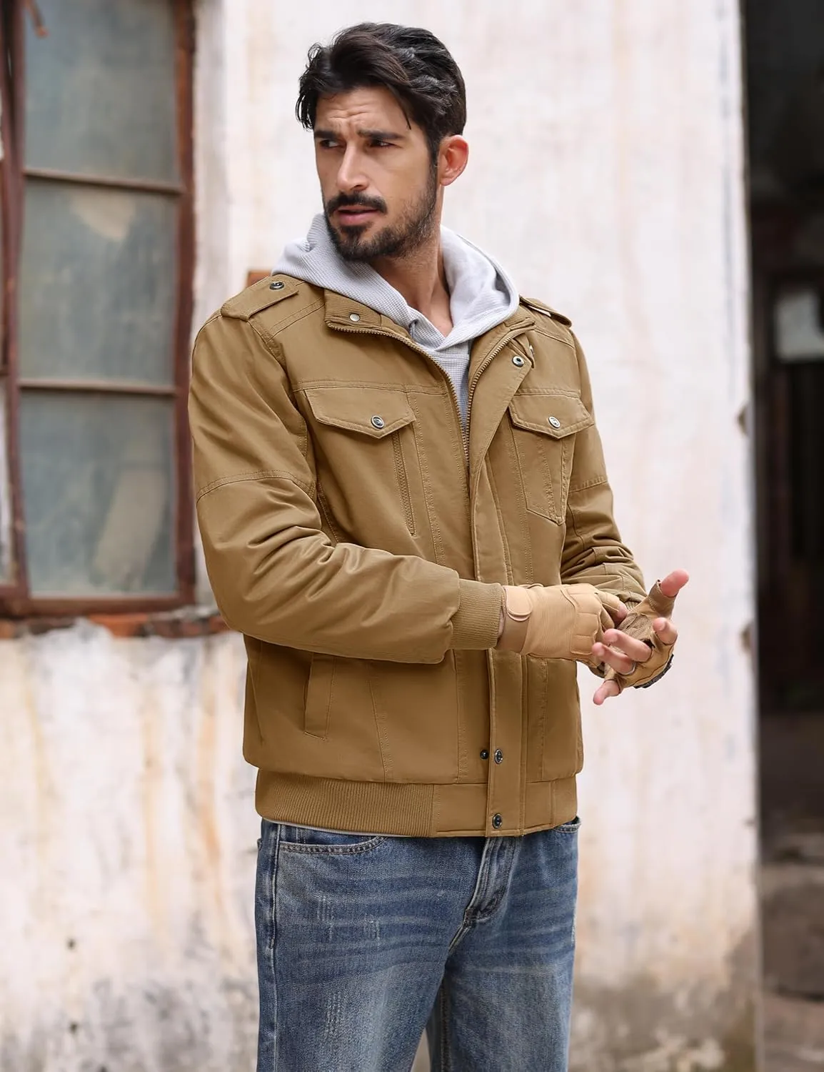 MAGCOMSEN Mens Winter Jacket Fleece Lined Work Jackets Waxed Canvas Shirt Jackets Warm Sherpa Trucker Military Jacket